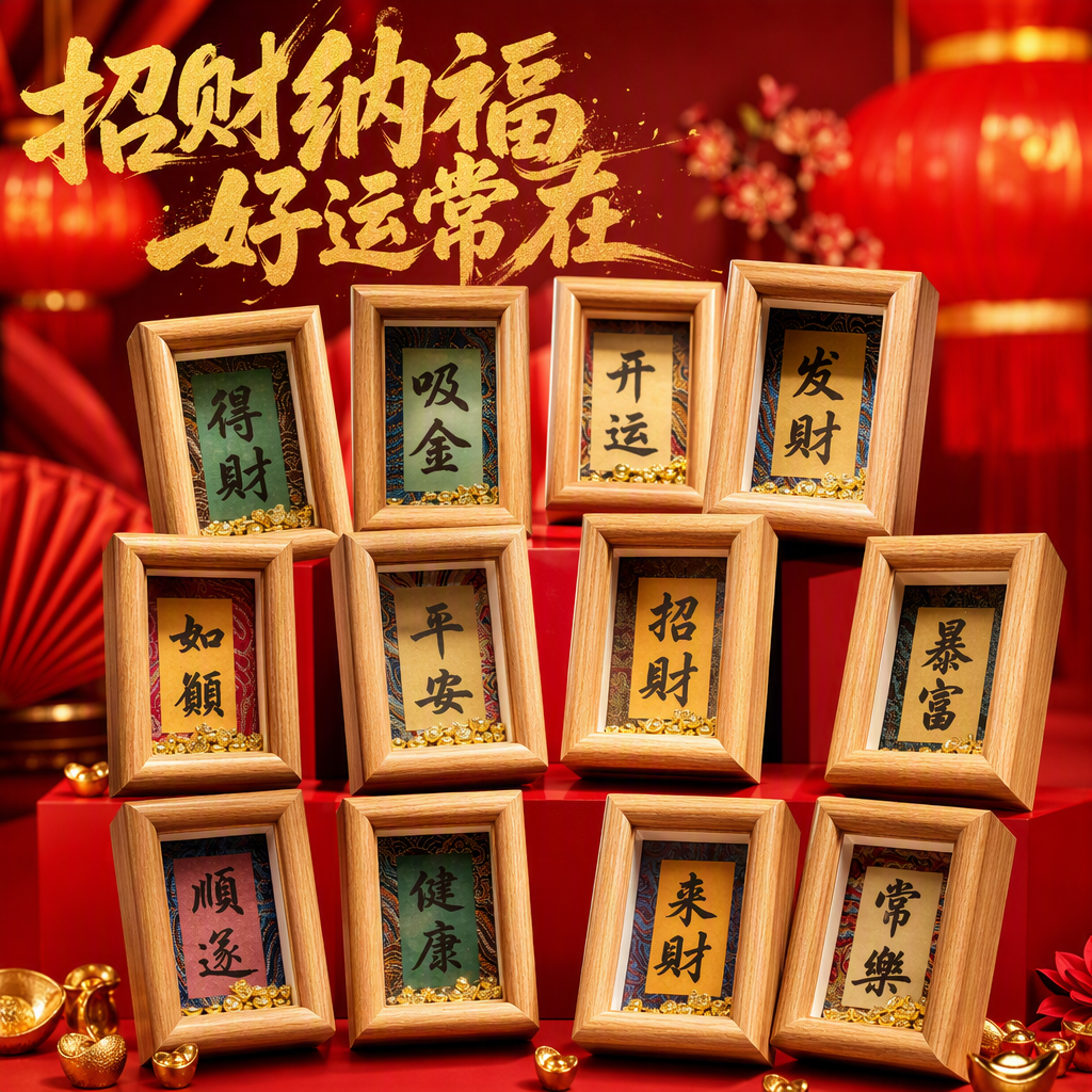 木质相框摆件，内含书法字条与金色元宝装饰细节图
