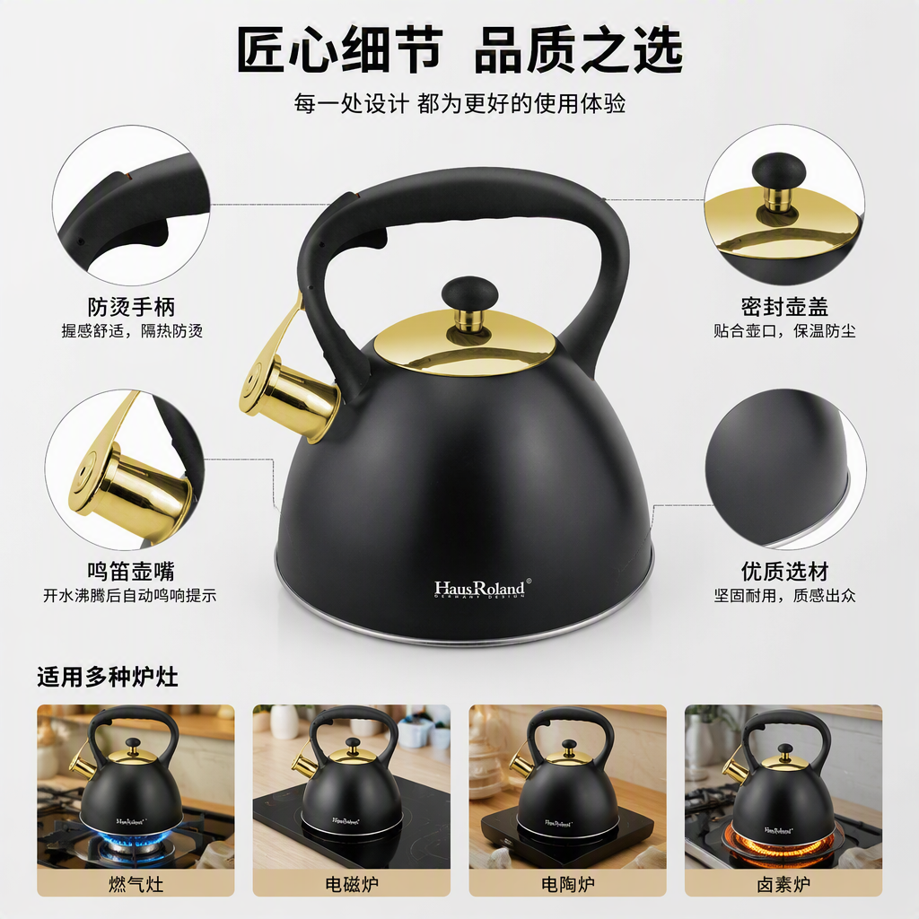 HausRoland3L acero inoxidable tintun hervidor de agua caliente hervidor de gran capacidad hervidor de inducción de gas hervidor de inducción de uso general home kitchen kettle HR739-13 Item Picture