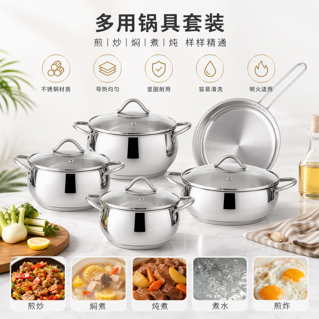 Multi-functional kitchen cookware set, household daily-use soup, frying and stir-frying pot combination cookware and kitchenware set HR160-1