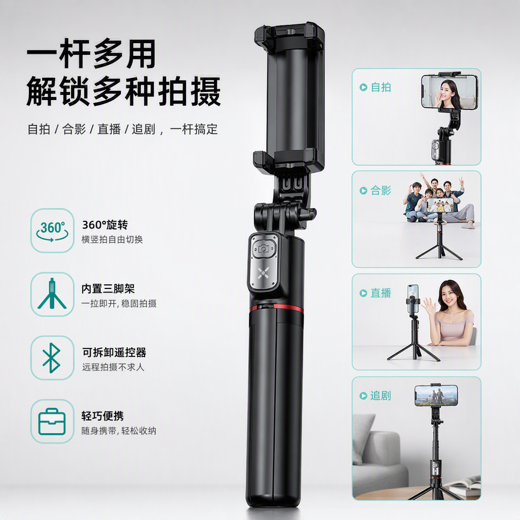 The portable black multi-functional selfie stick supports Bluetooth remote shooting and is a perfect selfie tool for mobile phone cameras
