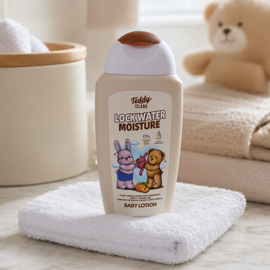 Teddy Island Hydrating Baby Lotion with a beige bottle and a white-brown cap gently moisturizes your baby's skin details Picture