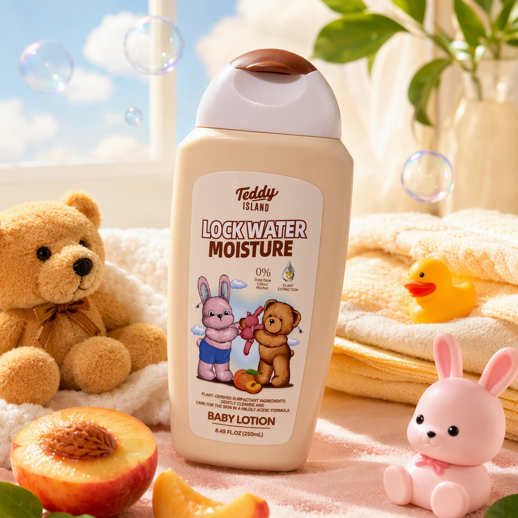 Teddy Island Hydrating Baby Lotion with a beige bottle and a white-brown cap gently moisturizes your baby's skin Specification image