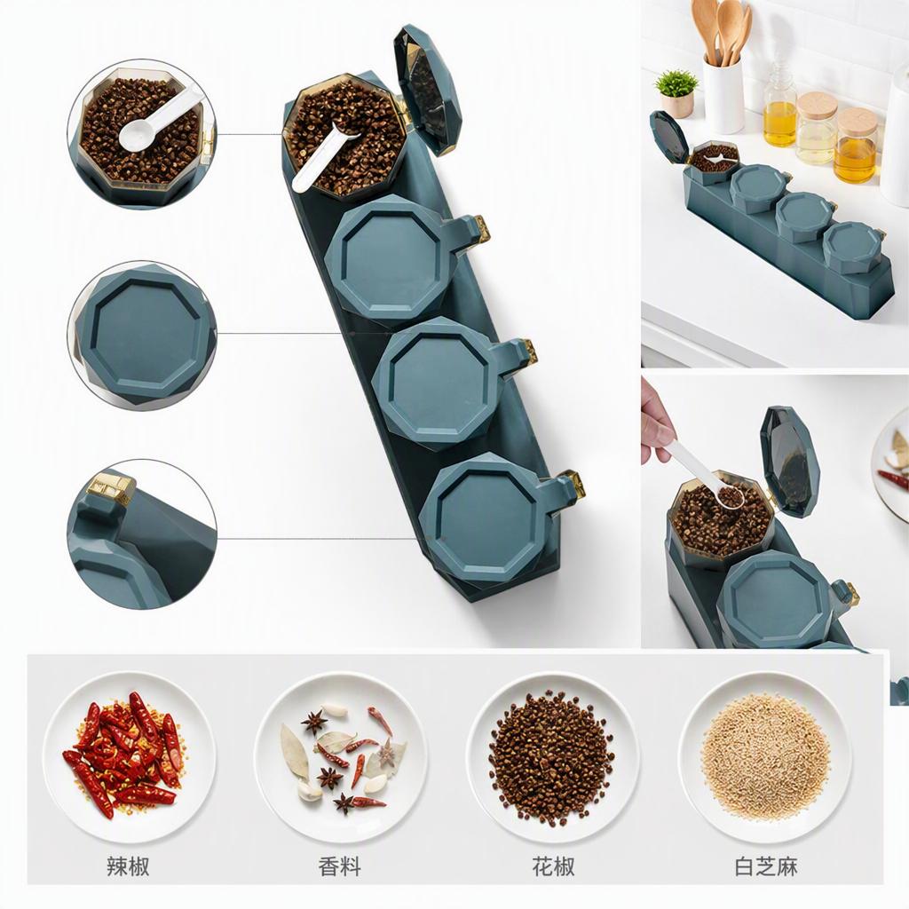Multi-style seasoning box, blue-green kitchen storage container for condiments, portable and multi-purpose storage box