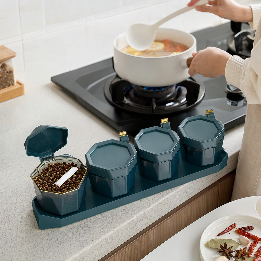 Multi-style seasoning box, blue-green kitchen storage container for condiments, portable and multi-purpose storage box details Picture