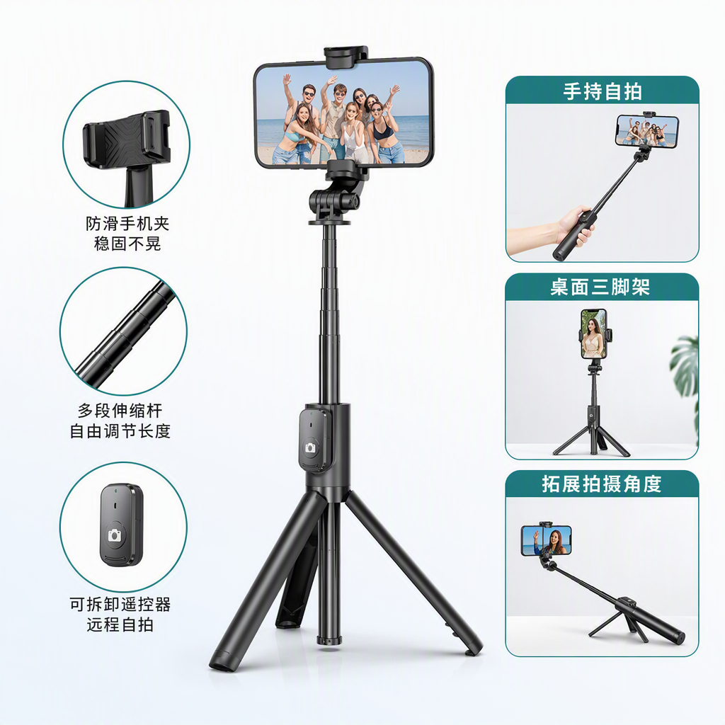 This portable black multi-functional selfie stick supports Bluetooth remote control and is suitable for mobile phone selfies. It is a long-handled selfie stick