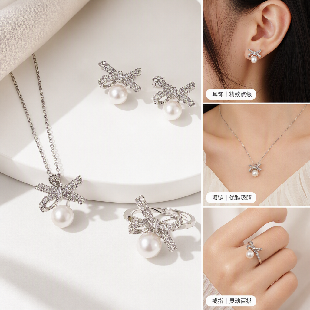Caja de regalo azul perlas arcos conjunto de joyas collar pendientes anillos elegante moda regalos