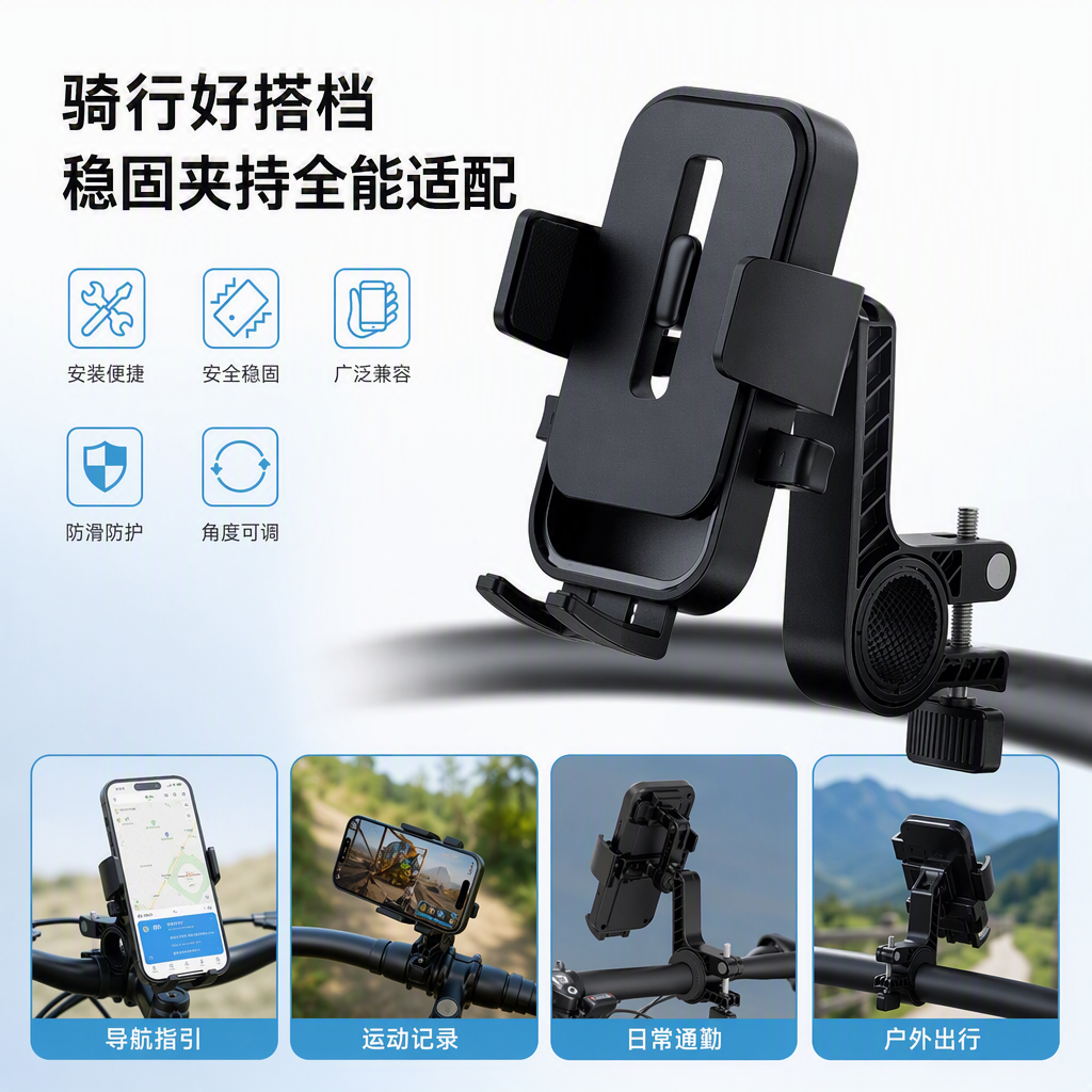 Multi-functional black bicycle and mobile phone stand, shockproof portable cycling navigation support frame