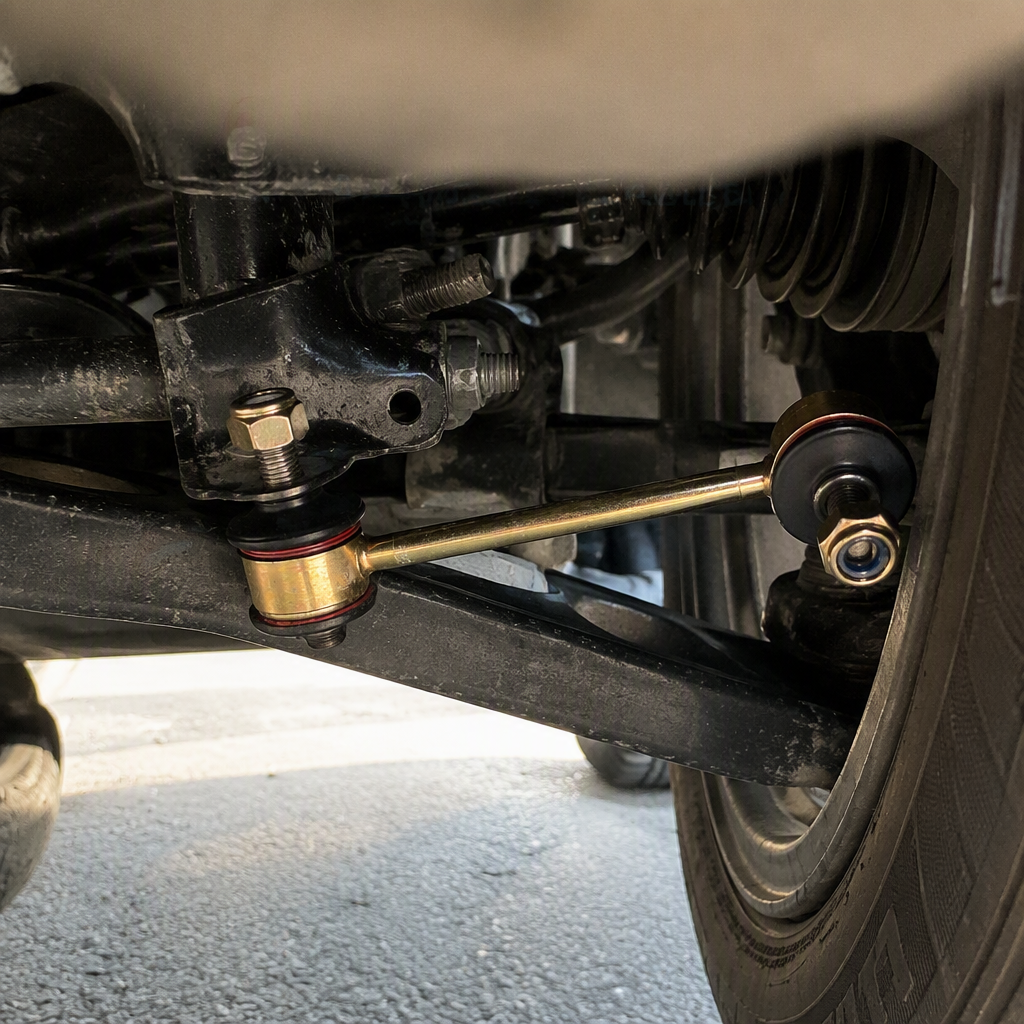 The golden suspension stabilizer bar with black rubber bushing bolts at both ends is a car chassis accessory with excellent durability details Picture