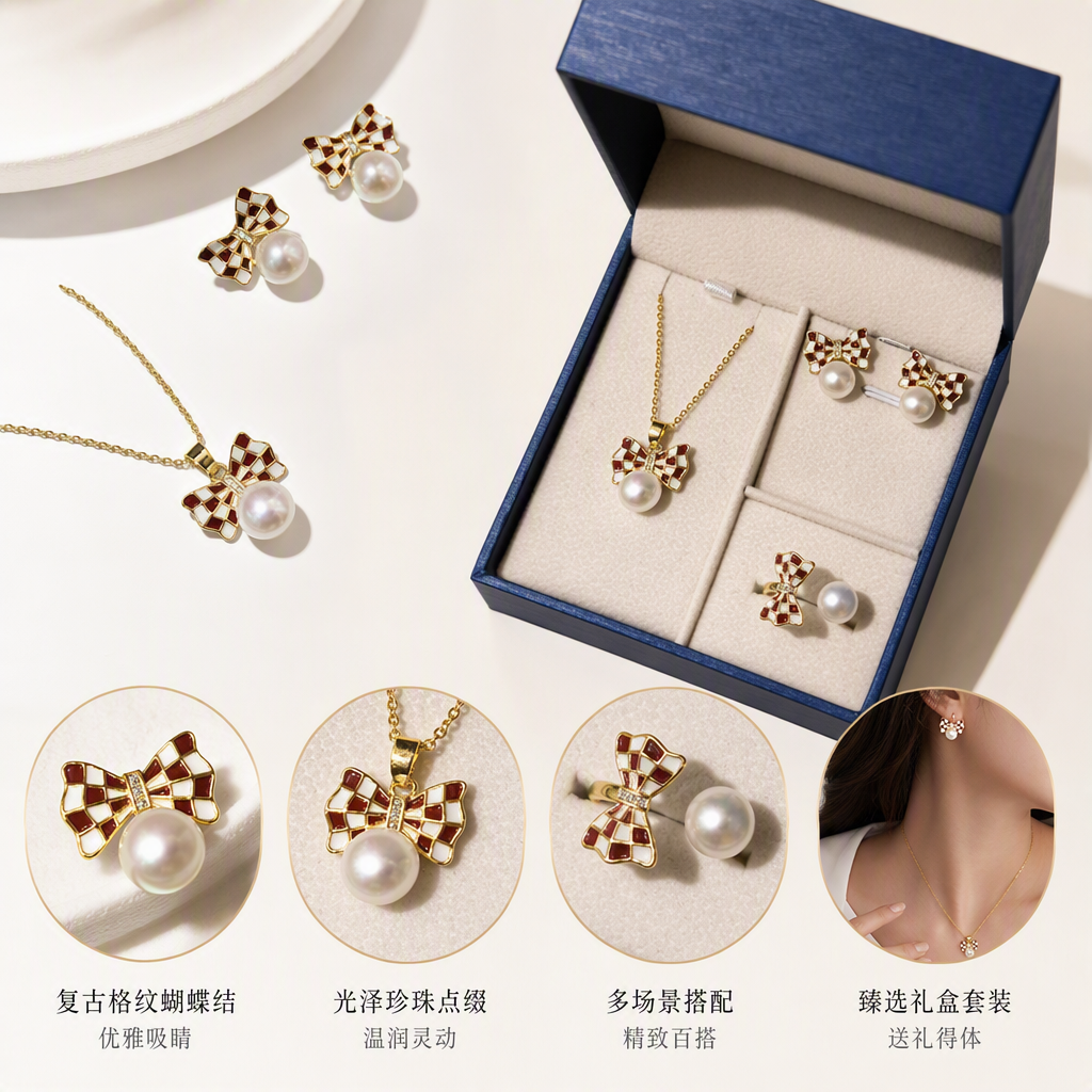 Coreano simple a cuadros arco perla conjunto de joyas regalo de cumpleaños de colegiala accesorios tendencia versátil