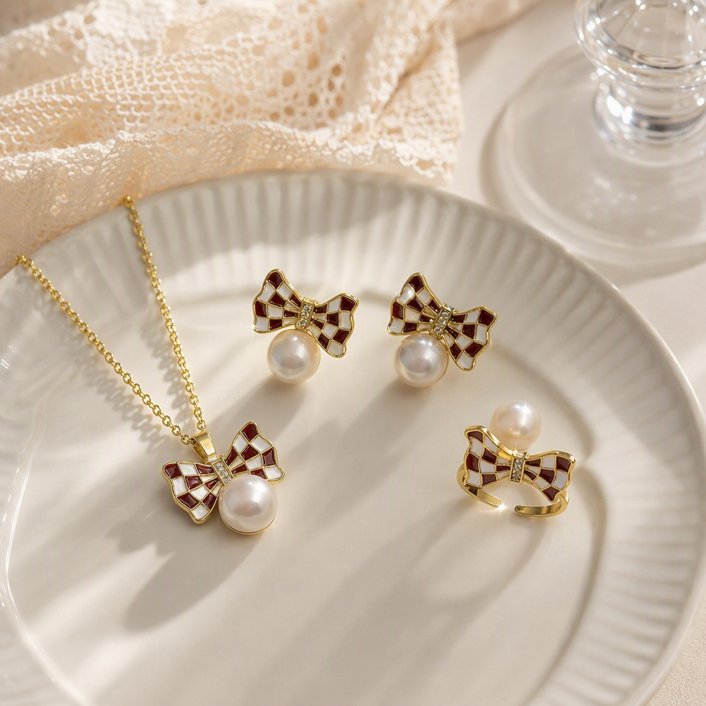 Coreano simple a cuadros arco perla conjunto de joyas regalo de cumpleaños de colegiala accesorios tendencia versátil details Picture