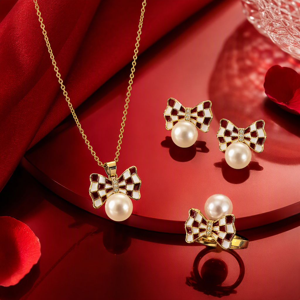 Coreano simple a cuadros arco perla conjunto de joyas regalo de cumpleaños de colegiala accesorios tendencia versátil Specification image