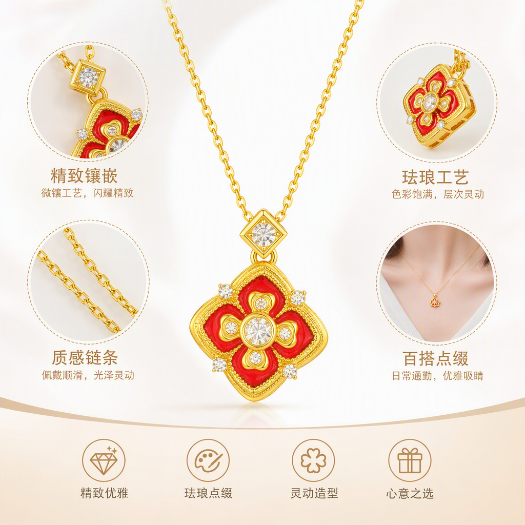 金色花朵造型项链黑色珐琅镶嵌钻石点缀手持展示时尚百搭首饰品
