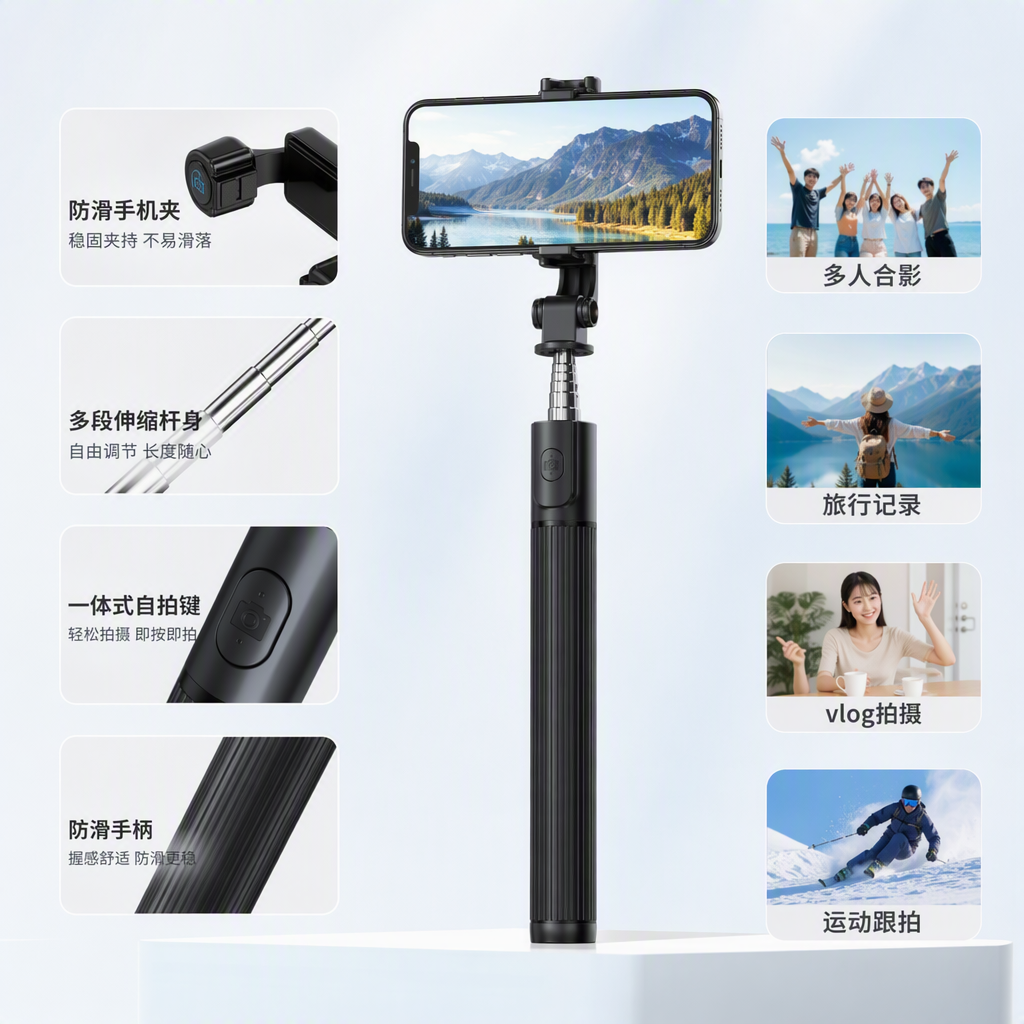 This three-piece set of multi-functional black selfie stick is a portable photography tool suitable for various scenarios and comes with a storage bag