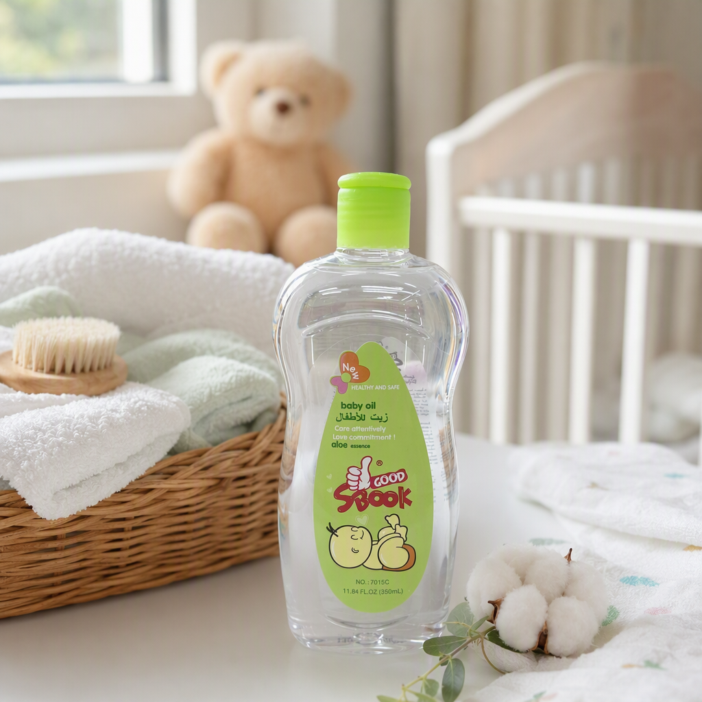 Baby moisturizing oil, with a green cap and transparent body, is a gentle and nourishing special care product for infants and toddlers details Picture