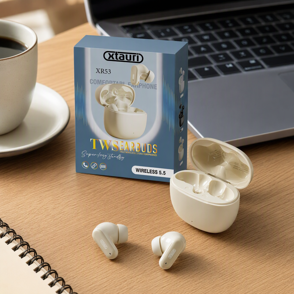 The AEMAI off-white wireless headphones are Bluetooth in-ear long-lasting sports headphones that are lightweight, portable and suitable for use on mobile phones and computers details Picture