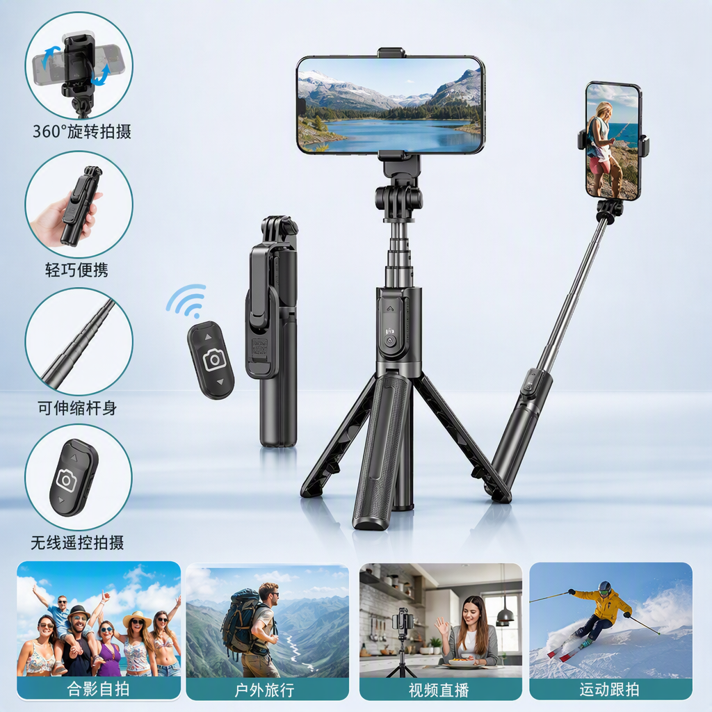This multi-functional portable long-handled camera is a lightweight and durable black selfie tool suitable for mobile phone cameras