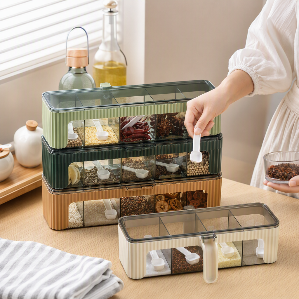 Multi-compartment transparent seasoning box for kitchen storage, seasoning storage container, organizing box, simple and portable for home use details Picture