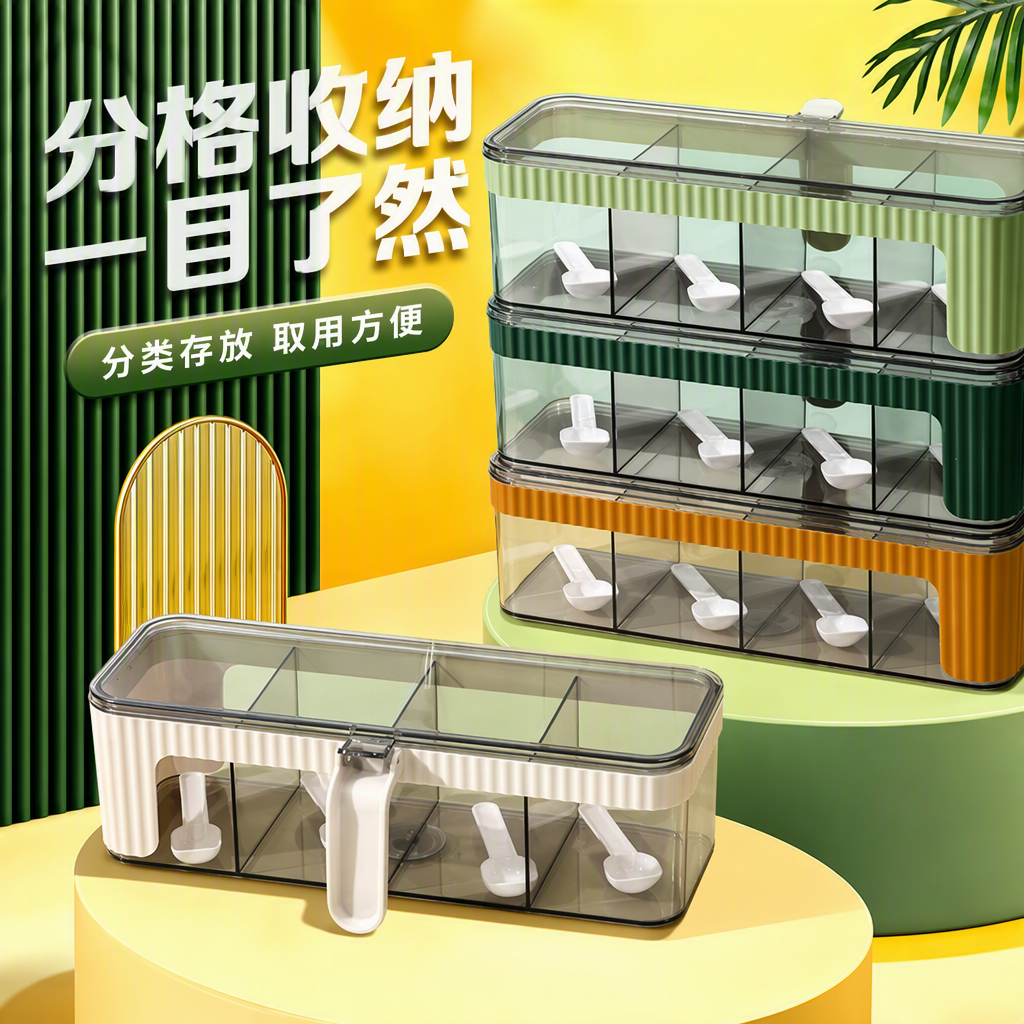 Multi-compartment transparent seasoning box for kitchen storage, seasoning storage container, organizing box, simple and portable for home use Specification image