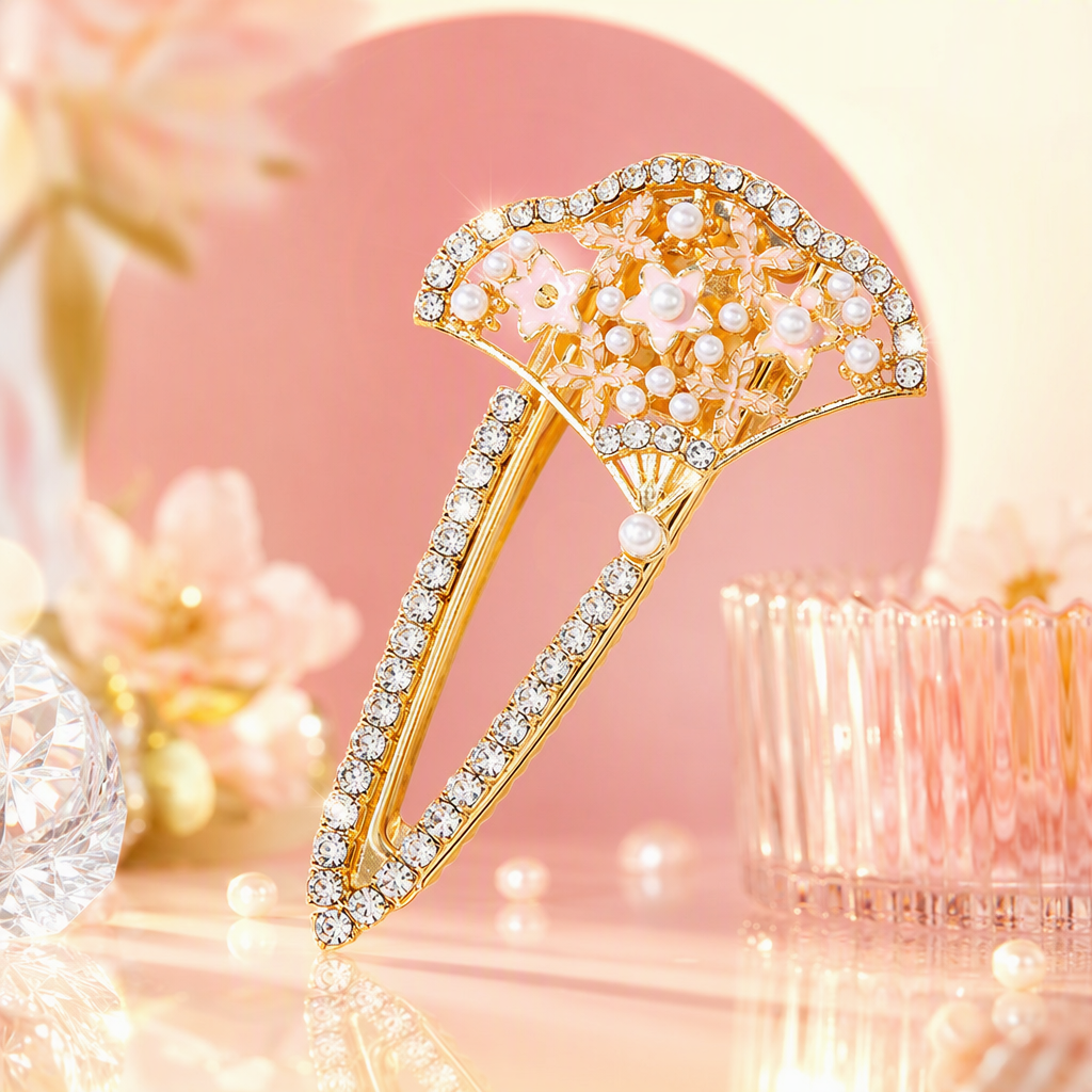 Luxurious golden diamond-encrusted fan-shaped hair clip, fashionable hair accessory, hairstyle decoration, hair clip, hair accessory for women Specification image