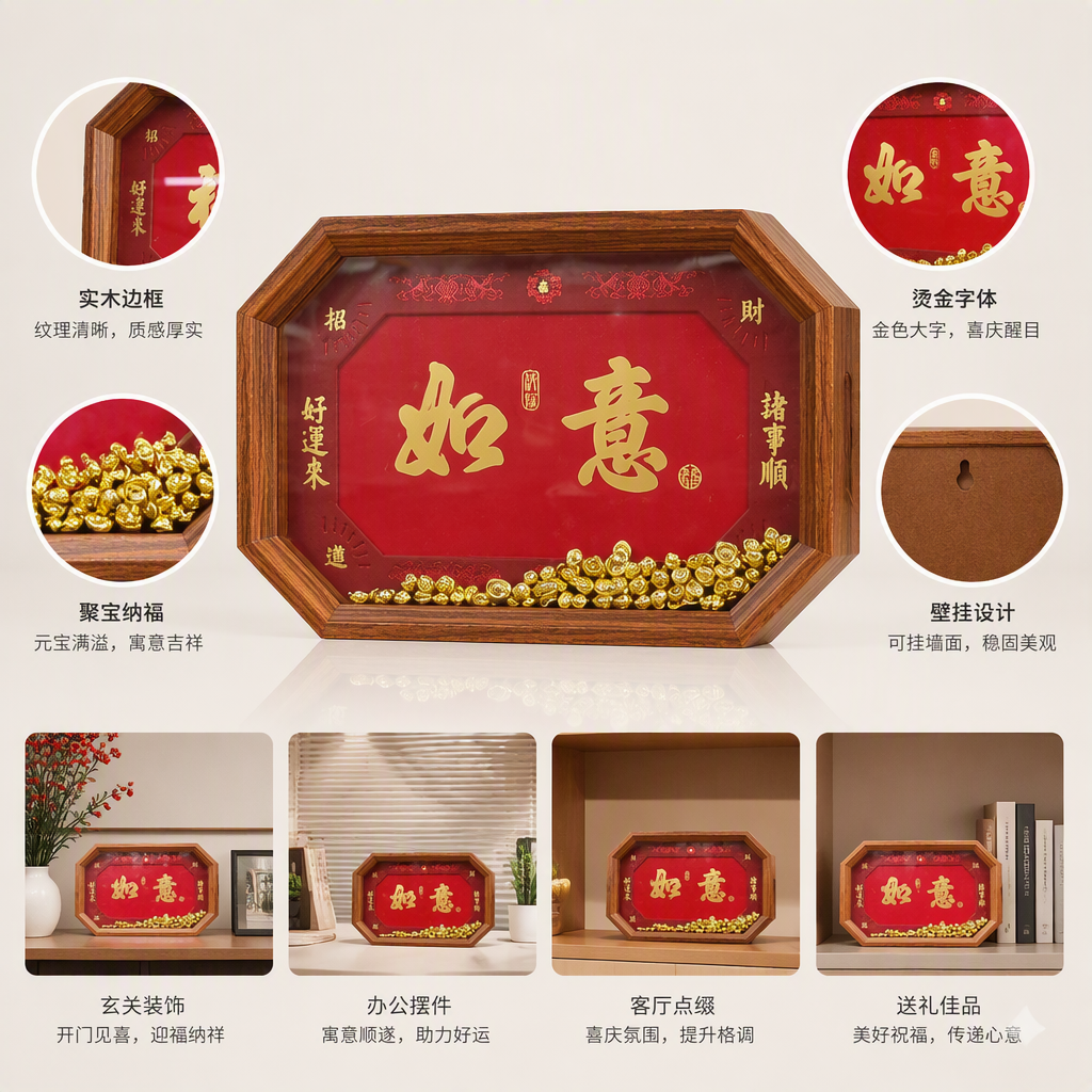 木质八角框红色福字摆件金色元宝装饰玻璃货架陈列品吉祥装饰品