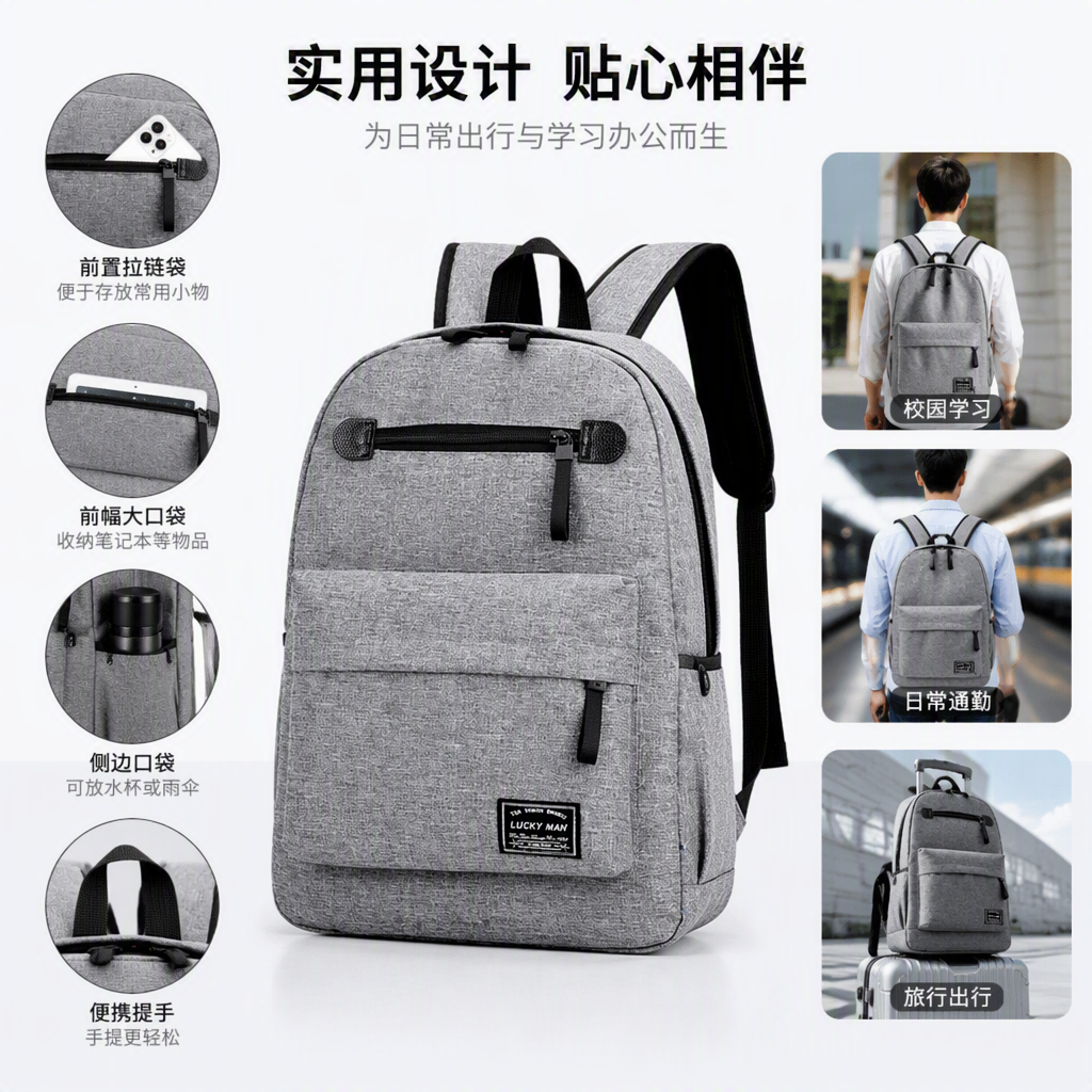 多功能休闲背包男士大容量潮流简约灰色学生旅行包运动包