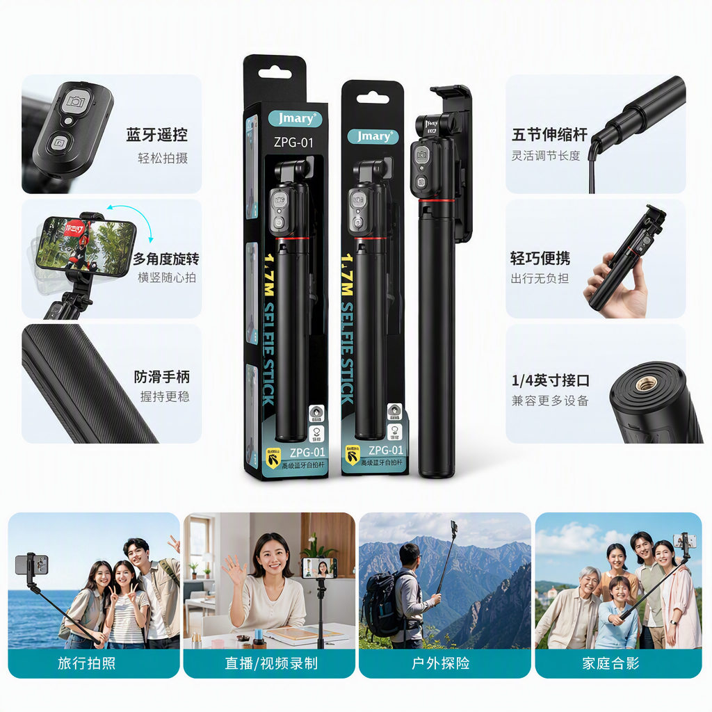 Three multi-functional black selfie sticks are displayed side by side, presenting a portable selfie wonder. The phone stand is an auxiliary accessory for taking photos