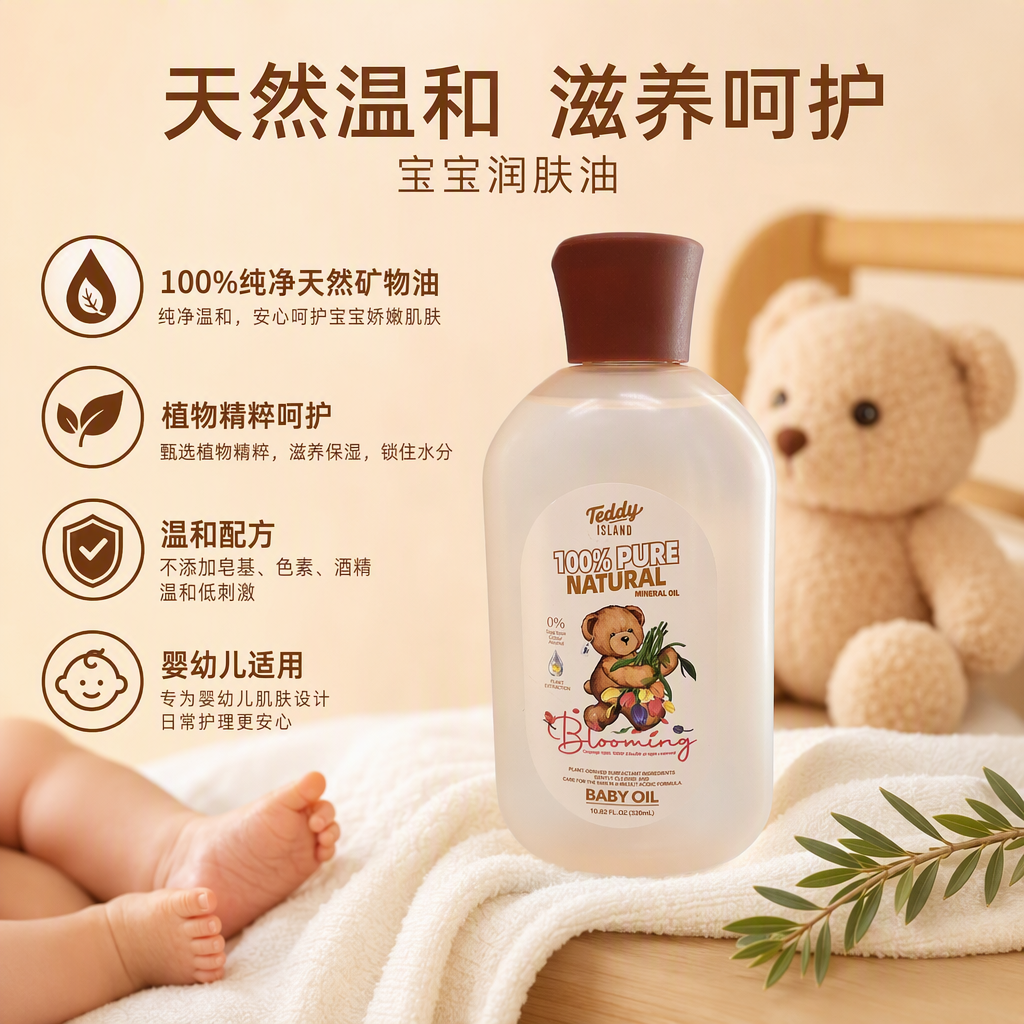 Teddy Island婴儿油米色瓶身棕色瓶盖泰迪熊标签天然矿物油适用宝宝护理