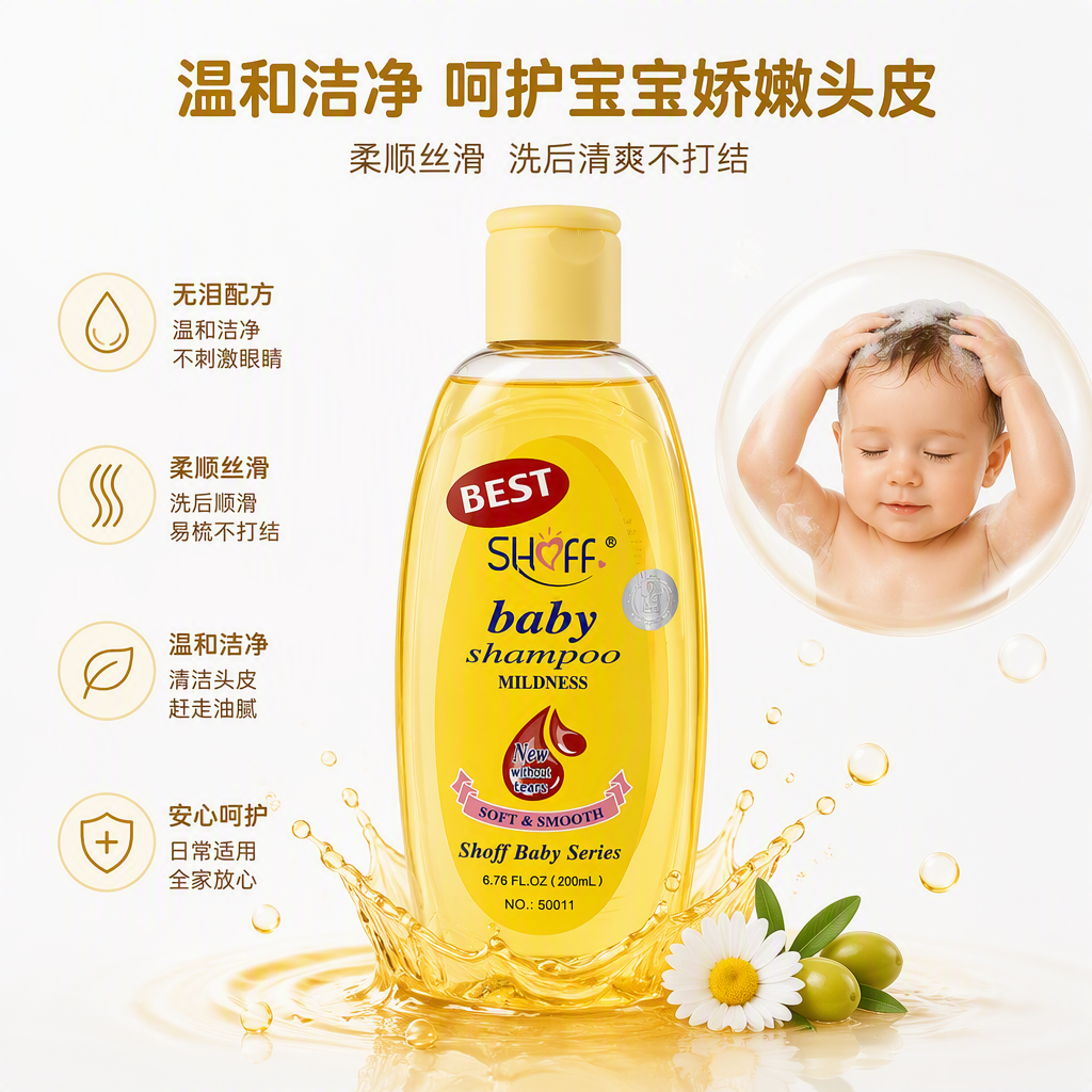 Baby shampoo, natural, gentle, tear-free formula, yellow bottle, baby hair care product, children's shampoo