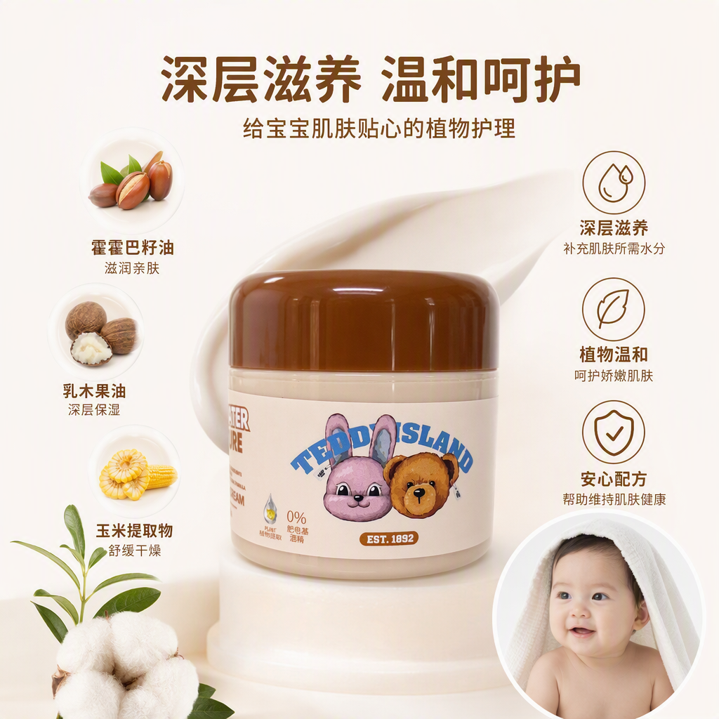 Teddy Island Moisturizing Cream, with a beige can and cartoon patterns of rabbits and bears, is suitable for moisturizing and nourishing the skin