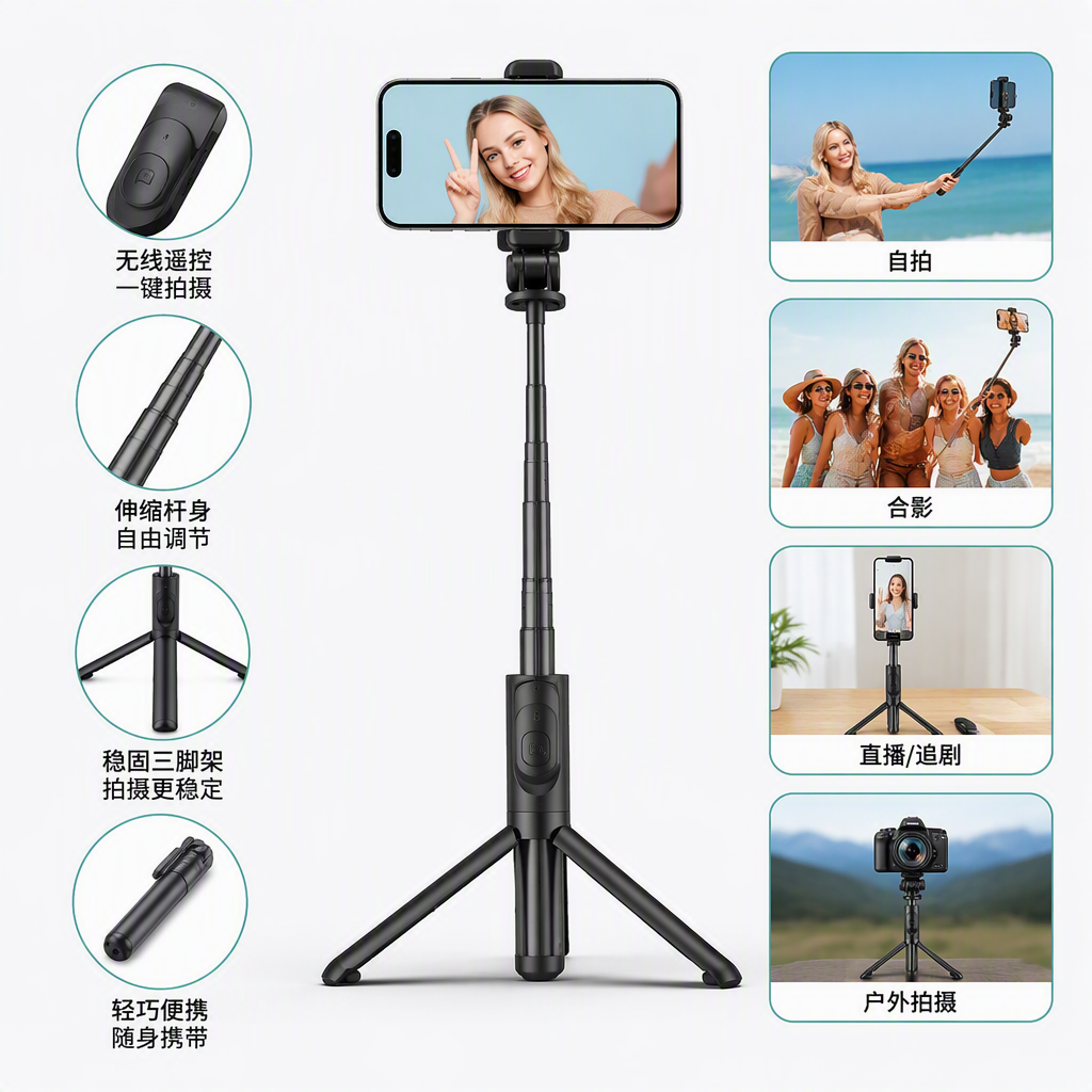Fashionable black packaging box, portable selfie stick, multi-functional phone stand, photography wonder, simple design
