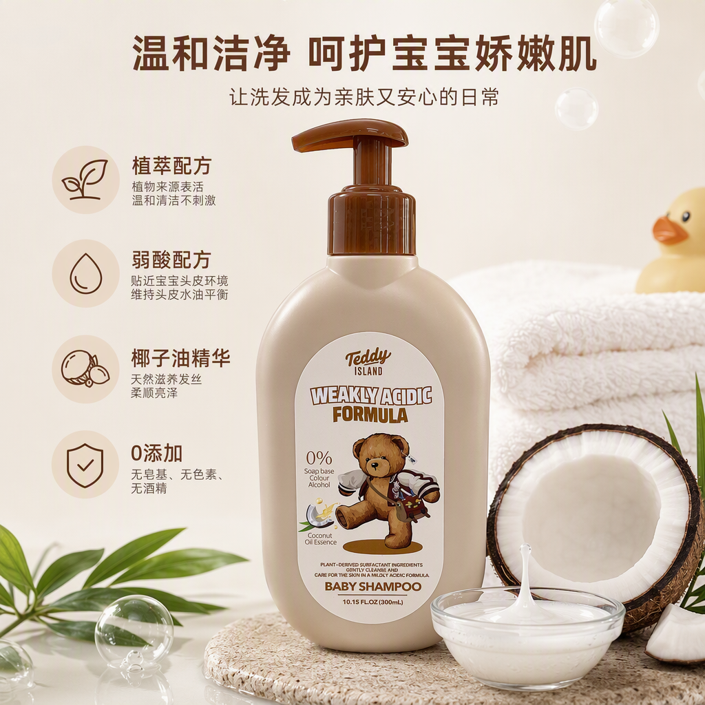 泰迪岛婴儿洗发水米色瓶身棕色泵头温和滋养宝宝洗发用品儿童专用护理