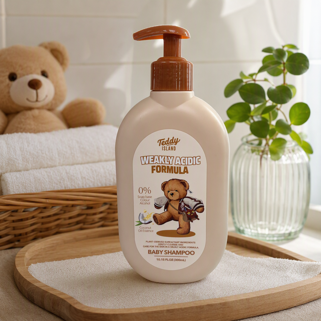 Teddy Island Baby Shampoo, with a beige bottle and a brown pump head, is a gentle and nourishing shampoo for babies, specially designed for children's care details Picture
