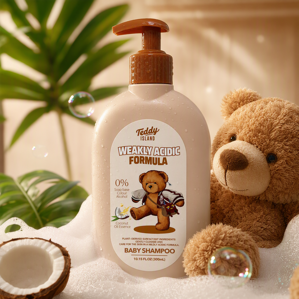 Teddy Island Baby Shampoo, with a beige bottle and a brown pump head, is a gentle and nourishing shampoo for babies, specially designed for children's care Specification image
