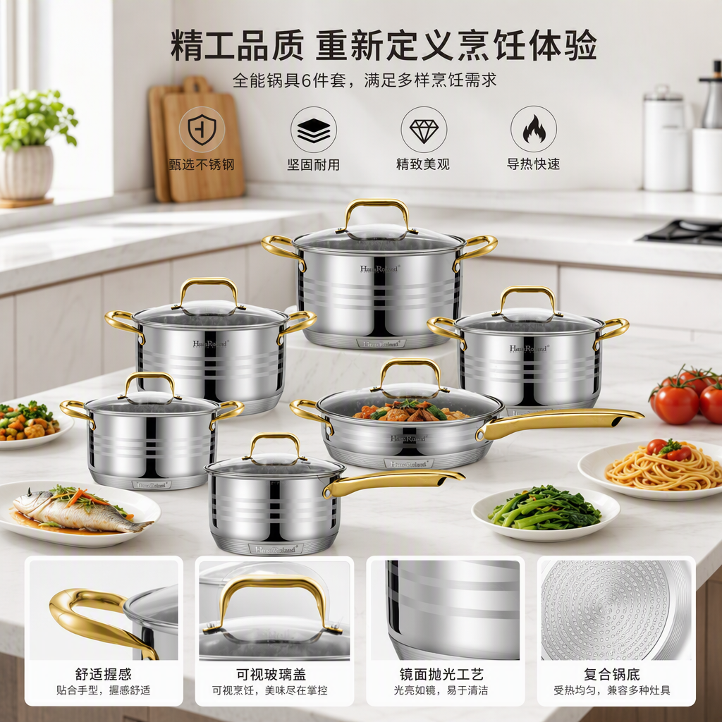 HausRoland multi-functional kitchen cookware set, home stew, soup pot, frying and stir-frying pot combination, practical and durable kitchenware items HR149-13 details Picture