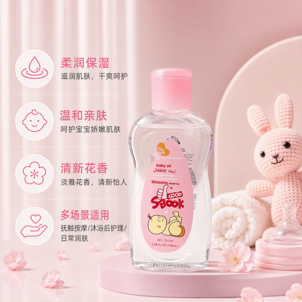 Baby moisturizing oil with pink cap and transparent body gently nourishes your baby's skin, specially designed for infants and toddlers
