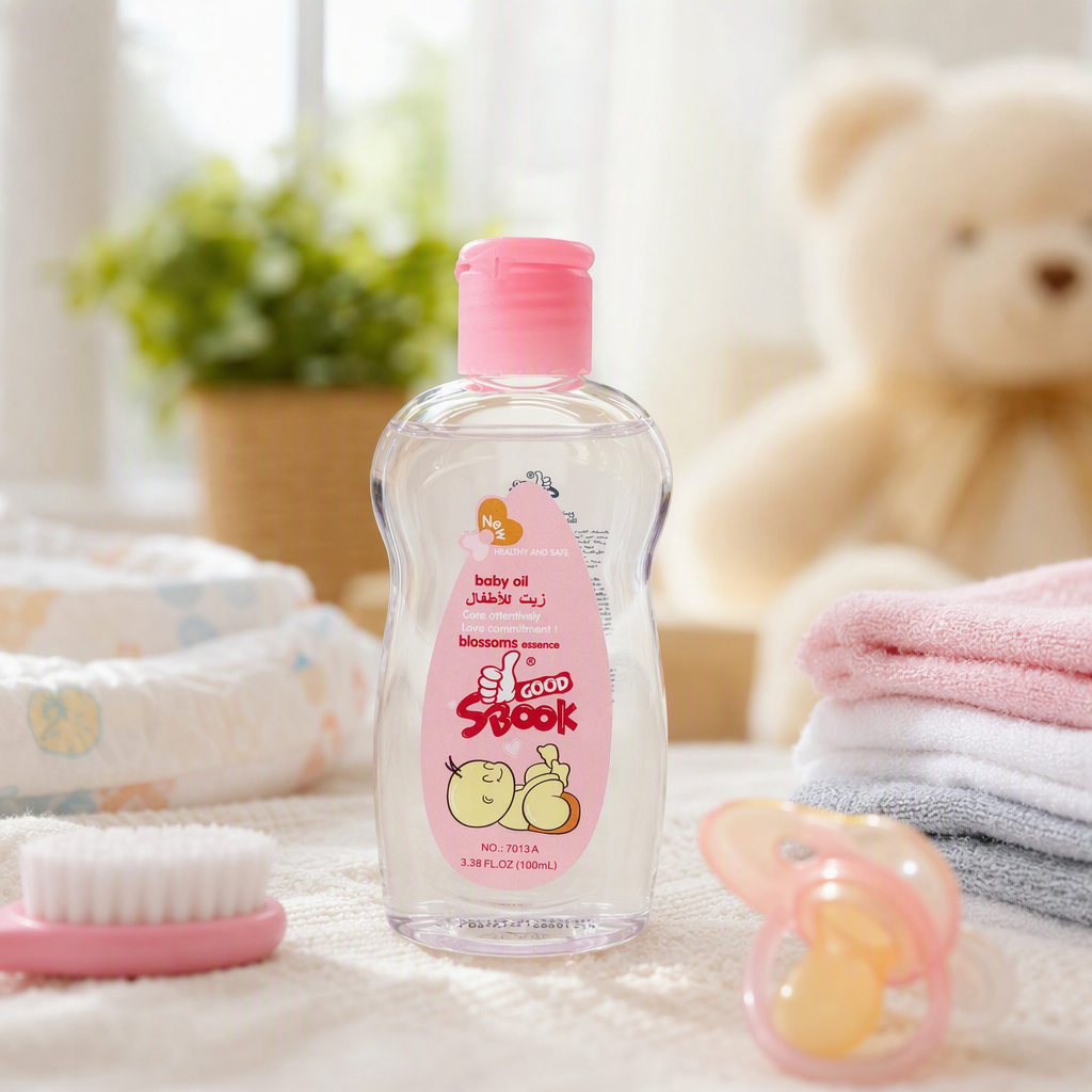 Baby moisturizing oil with pink cap and transparent body gently nourishes your baby's skin, specially designed for infants and toddlers details Picture