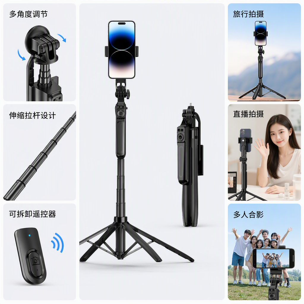 The black multi-functional selfie stick tripod is a portable mobile phone live streaming shooting stand that is suitable for multiple devices