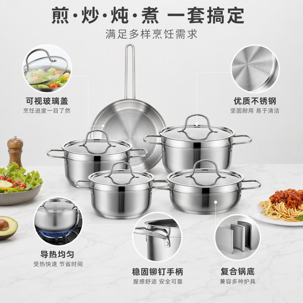 Multi-functional kitchen cookware set, household soup and stir-frying pot set, durable and practical cookware set HR1112-1 Item Picture