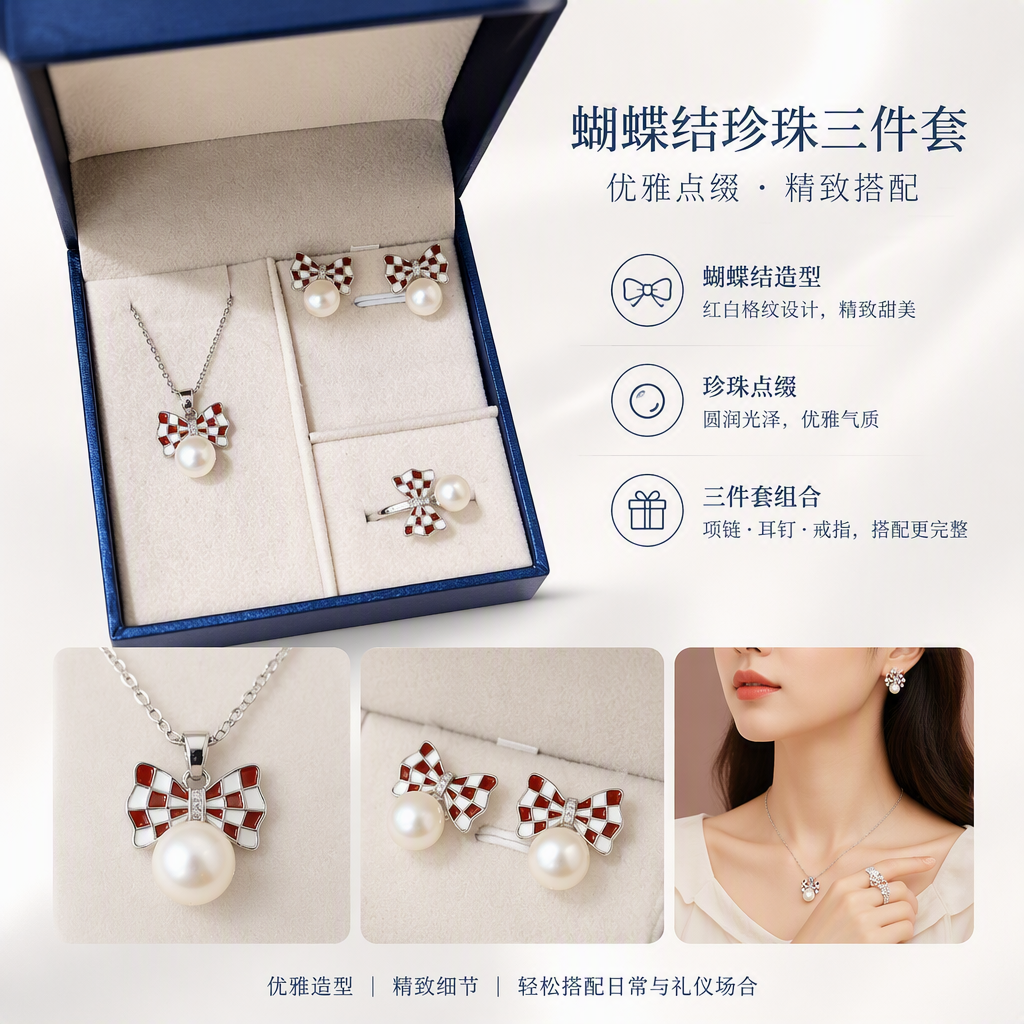 Blue box red and white checkered bow pearl jewelry set, fashionable and elegant accessory gift box