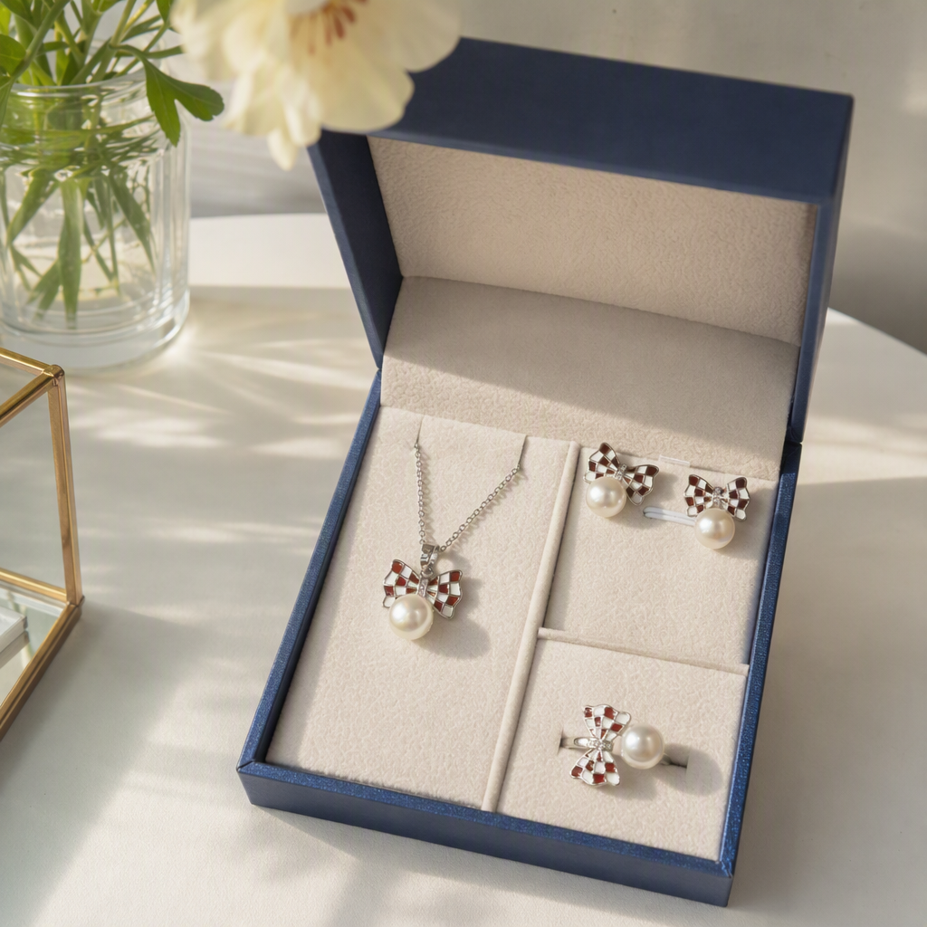 Blue box red and white checkered bow pearl jewelry set, fashionable and elegant accessory gift box details Picture
