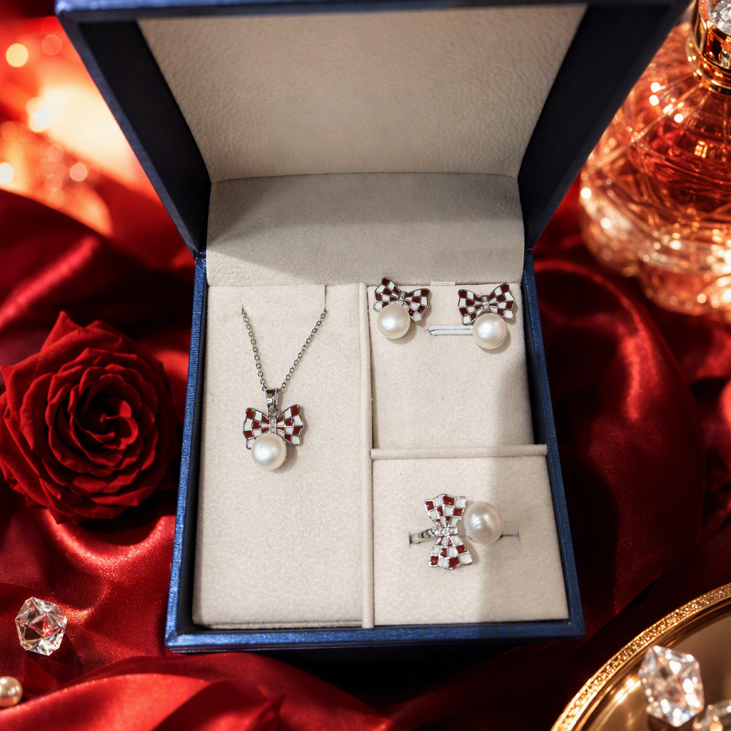 Blue box red and white checkered bow pearl jewelry set, fashionable and elegant accessory gift box Specification image