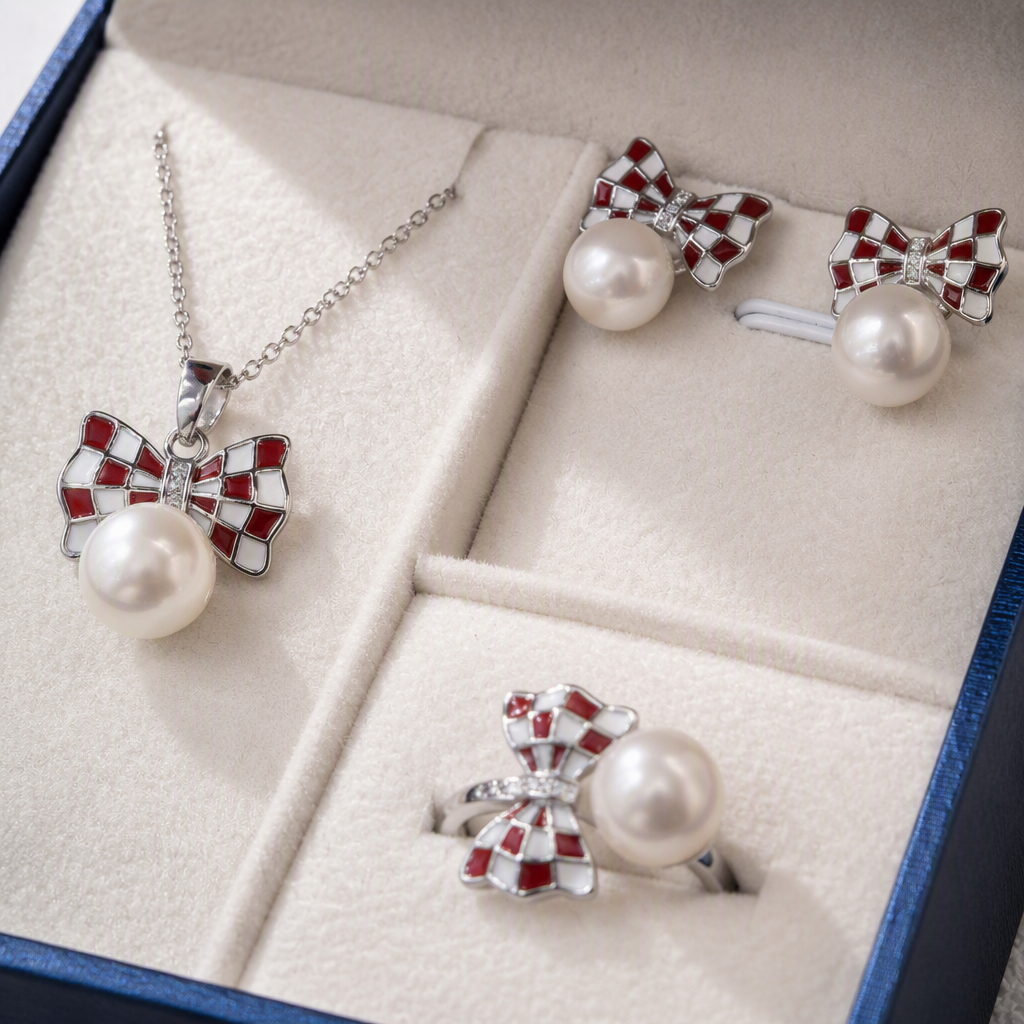 Blue box red and white checkered bow pearl jewelry set, fashionable and elegant accessory gift box Application Scenario