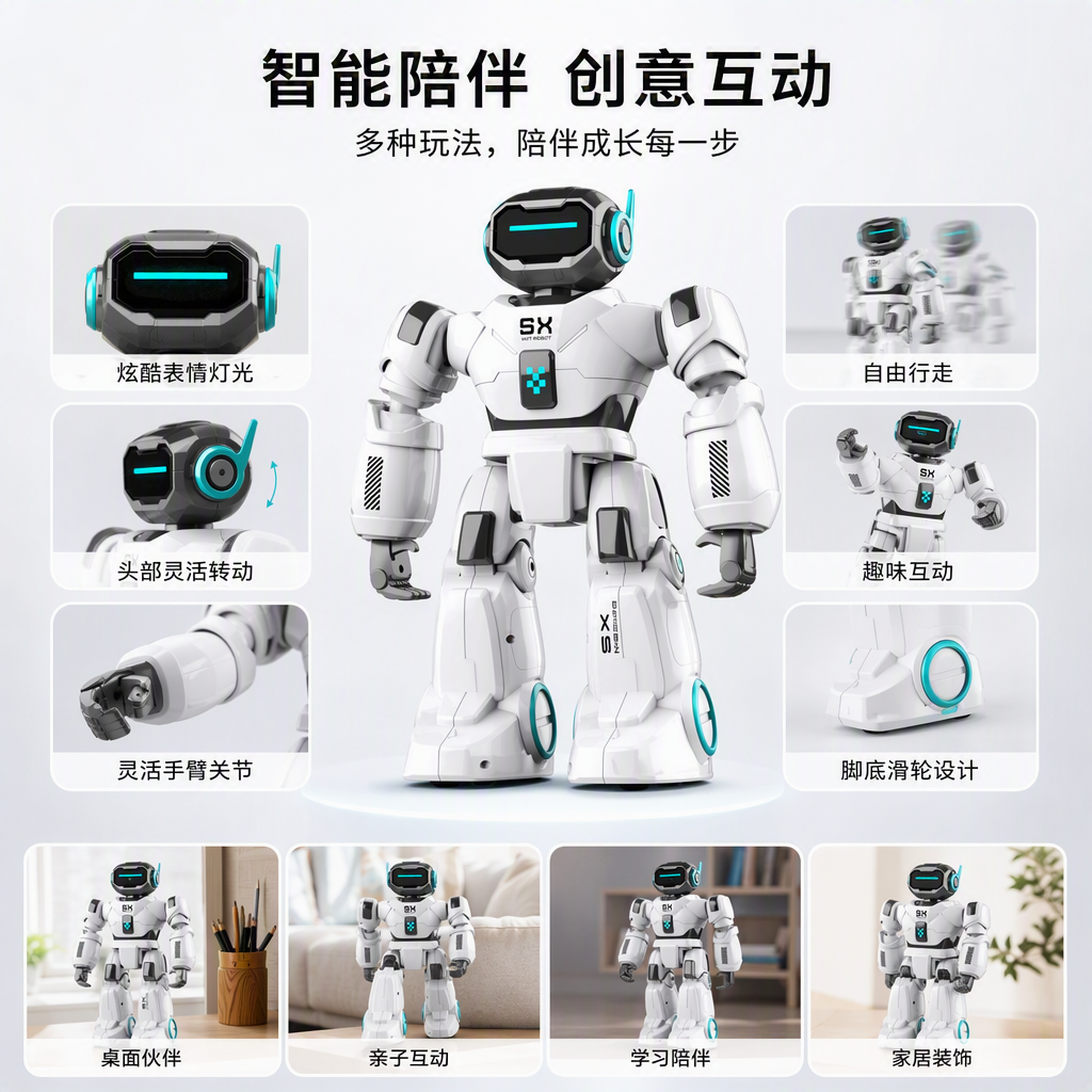 The smart home white robot is a multi-functional companion for children's family entertainment