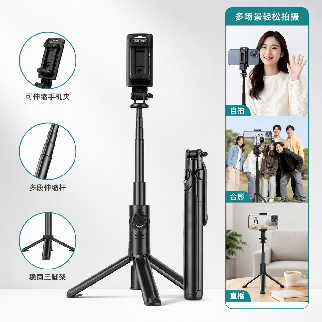 Portable black mobile phone selfie stick, multi-functional extension stick, selfie wonder, supporting Bluetooth long-distance photography accessories