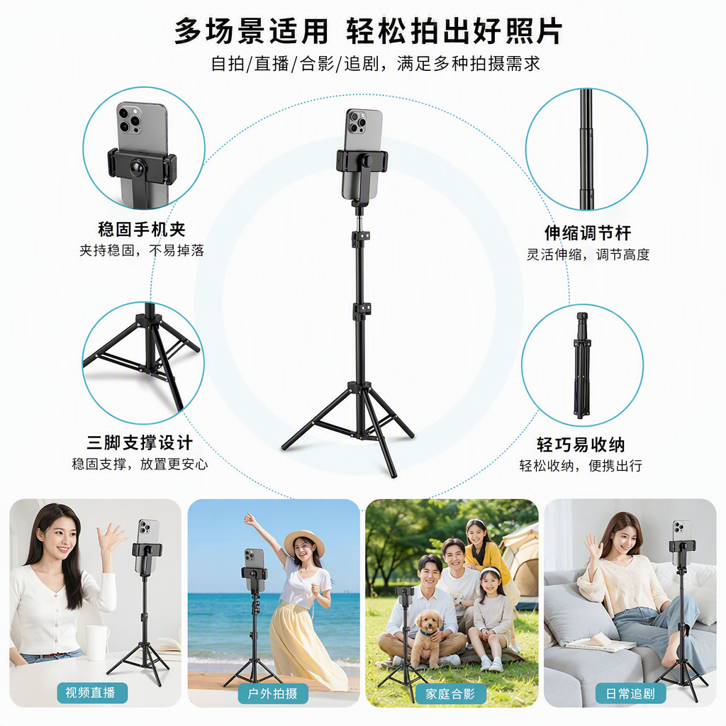 The professional photography tripod is stable, durable and portable. The black multi-functional stand is suitable for various scenarios