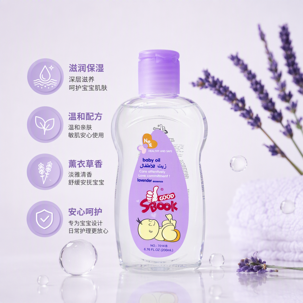 Baby moisturizing oil with purple cap and transparent bottle body, a gentle nourishing body care product for infants and young children