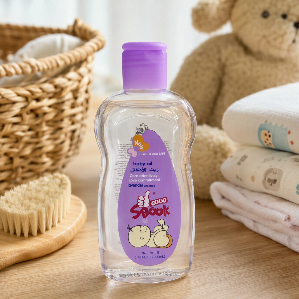Baby moisturizing oil with purple cap and transparent bottle body, a gentle nourishing body care product for infants and young children details Picture