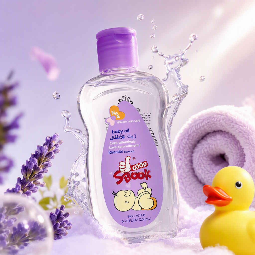 Baby moisturizing oil with purple cap and transparent bottle body, a gentle nourishing body care product for infants and young children Specification image