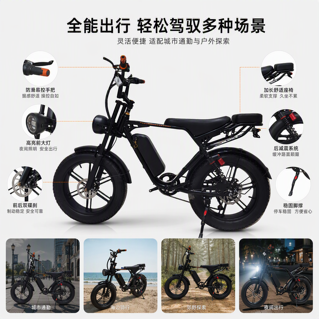 The fashionable black electric bicycle is portable and has a long battery life. It is a perfect choice for adults to ride for leisure and daily commuting