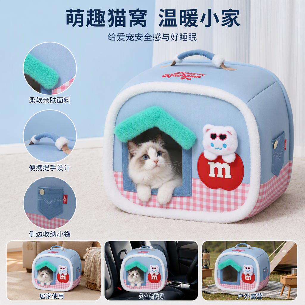 Nido de mascotas azul con techo verde rojo y blanco borde inferior a cuadros blanco borde de peluche gafas de sol oso muñeco rojo M logo top manija mascota descanso nido
